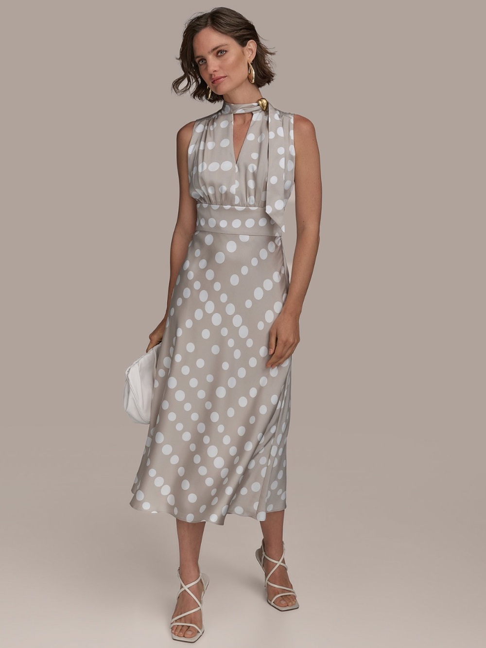 Donna Karan Beige Polka Dot Print Sleeveless Tie Neck Midi Dress Women's 4 New